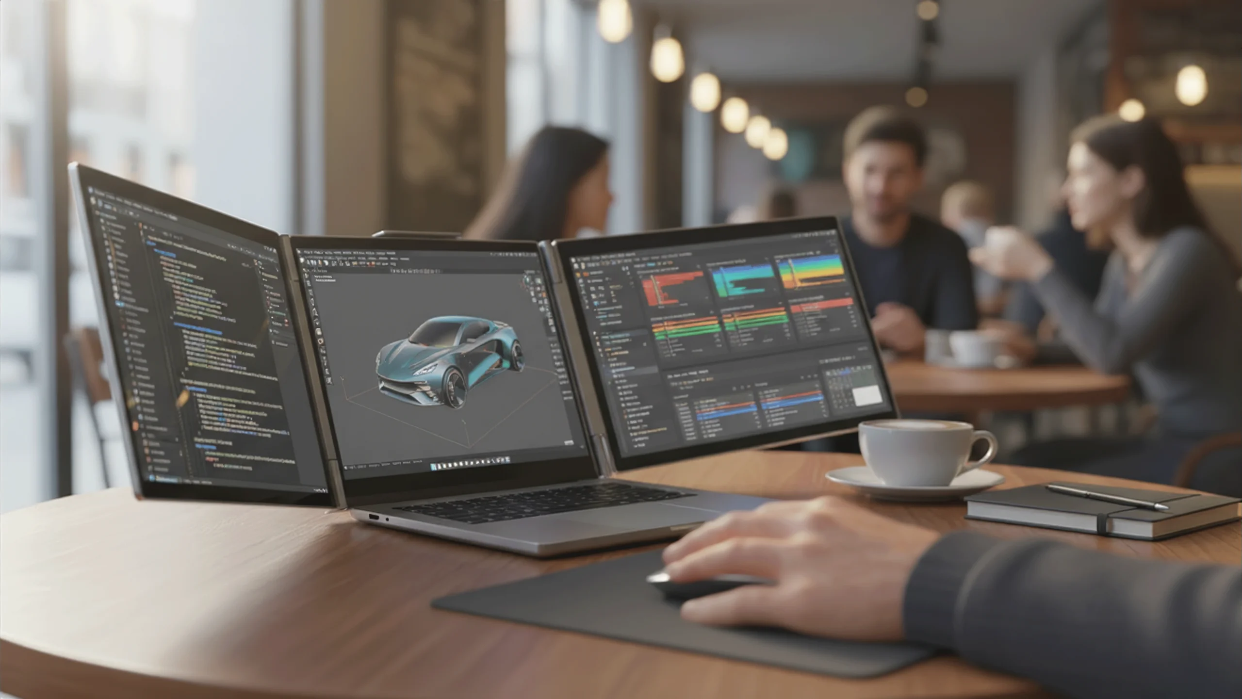 DuoView Pro portable dual monitor in coffee shop - Remote work setup with triple screen laptop workstation